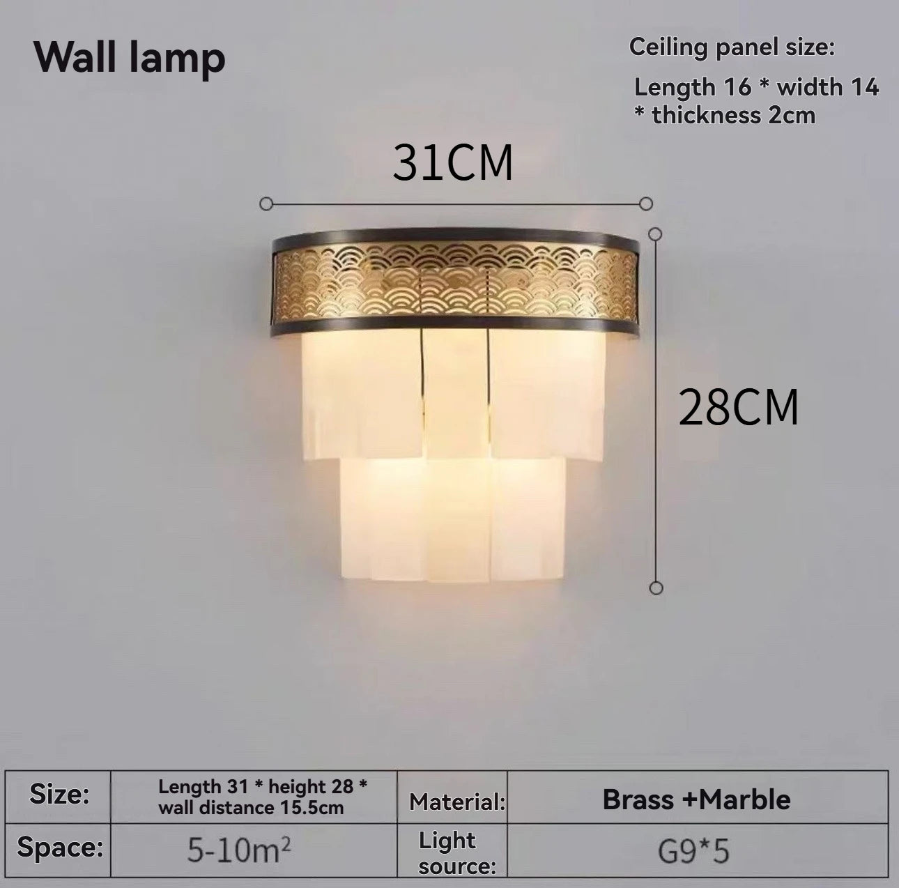 Brass Frame Marble Wall Light - Modern Minimalist Sconce