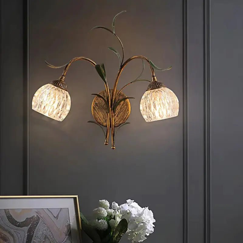 American Retro Bronze Wall Lamp with Crystal & Flower Branch - Lumos Glows180:200002571No Bulb;200000795:29White Shade;249:200006305E14 Socket;5:100014064W340xH430mm