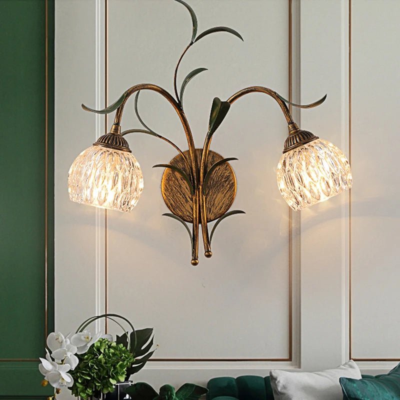 American Retro Bronze Wall Lamp with Crystal & Flower Branch - Lumos Glows180:200002571No Bulb;200000795:29White Shade;249:200006305E14 Socket;5:100014064W340xH430mm