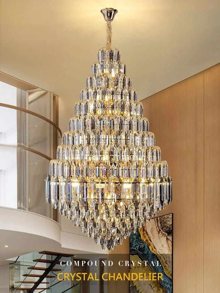 Compound Crystal Chandelier | Polished Iron Semi - Flush Mount Light - Lumos Glows200000795:10D1200 H1800MM