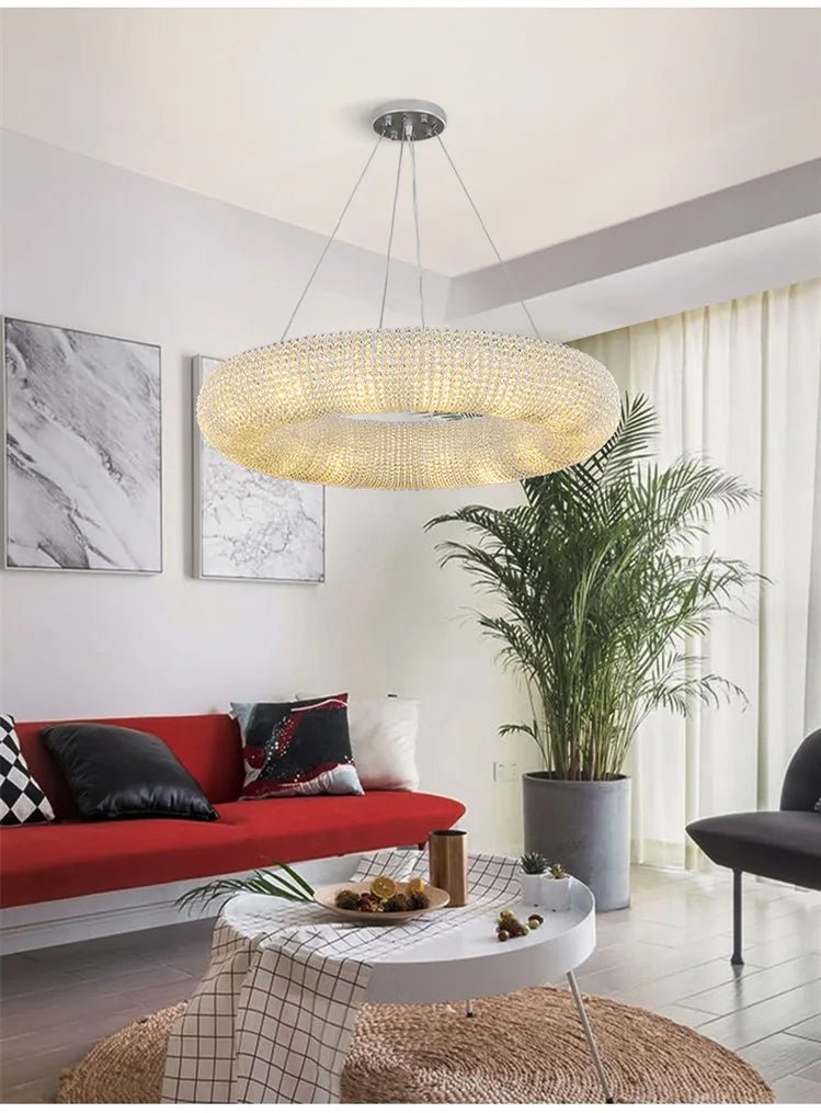 Esmeralda All - Around Crystal Wrapped Rounded Chandelier - Lumos Glows warm light 3000K gold 80cm 12 light