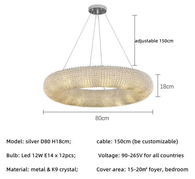 Esmeralda All - Around Crystal Wrapped Rounded Chandelier - Lumos Glows warm light 3000K silver 80cm 12 light