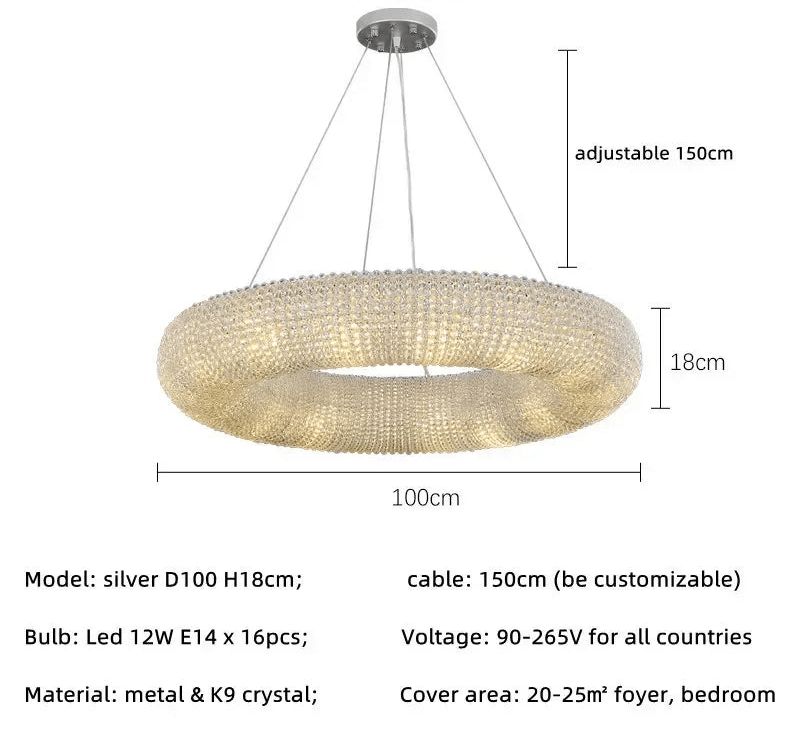 Esmeralda All - Around Crystal Wrapped Rounded Chandelier - Lumos Glows warm light 3000K silver 100cm 16 ligh