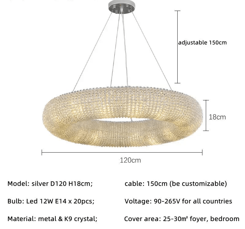 Esmeralda All - Around Crystal Wrapped Rounded Chandelier - Lumos Glows warm light 3000K ilver 120cm 20 light