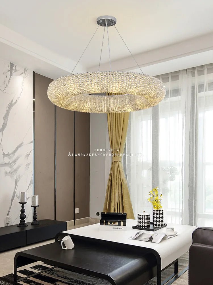 Esmeralda All - Around Crystal Wrapped Rounded Chandelier - Lumos Glows warm light 3000K gold 80cm 12 light