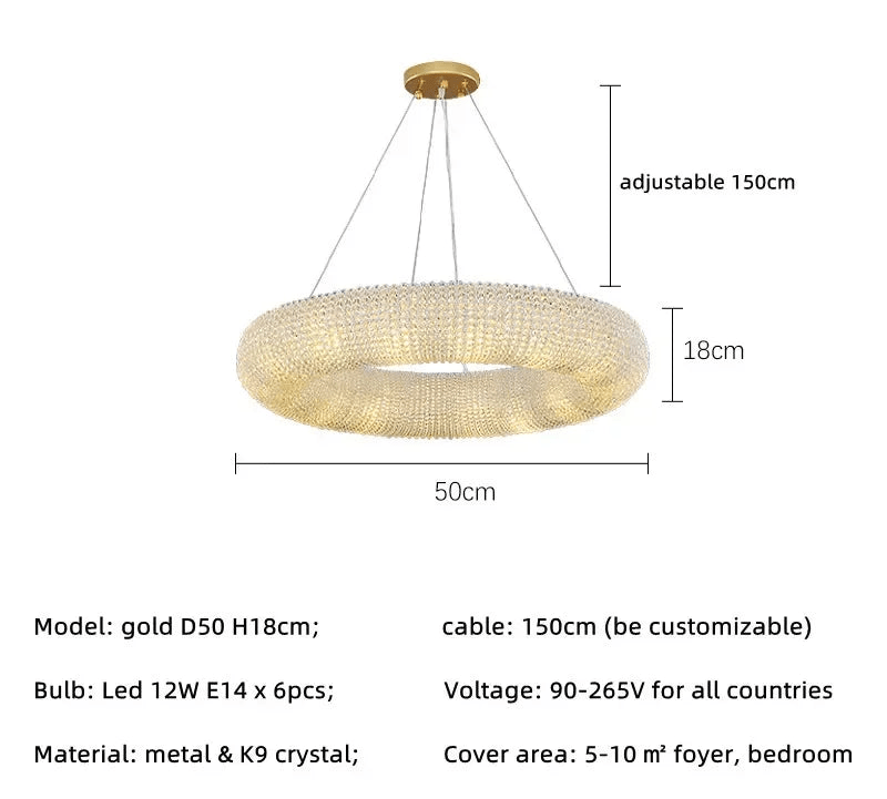 Esmeralda All - Around Crystal Wrapped Rounded Chandelier - Lumos Glows warm light 3000K gold 50cm 6 light