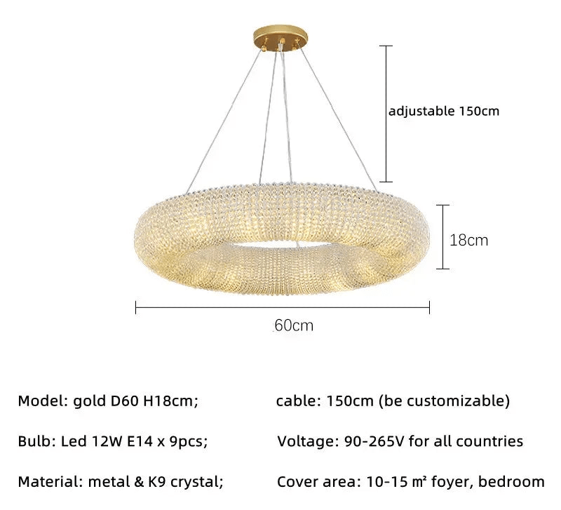 Esmeralda All - Around Crystal Wrapped Rounded Chandelier - Lumos Glows warm light 3000K silver 60cm 9 light