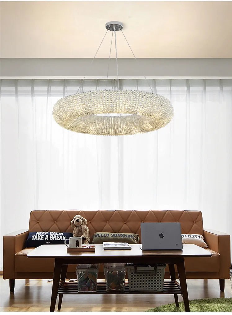 Esmeralda All - Around Crystal Wrapped Rounded Chandelier - Lumos Glows warm light 3000K gold 80cm 12 light