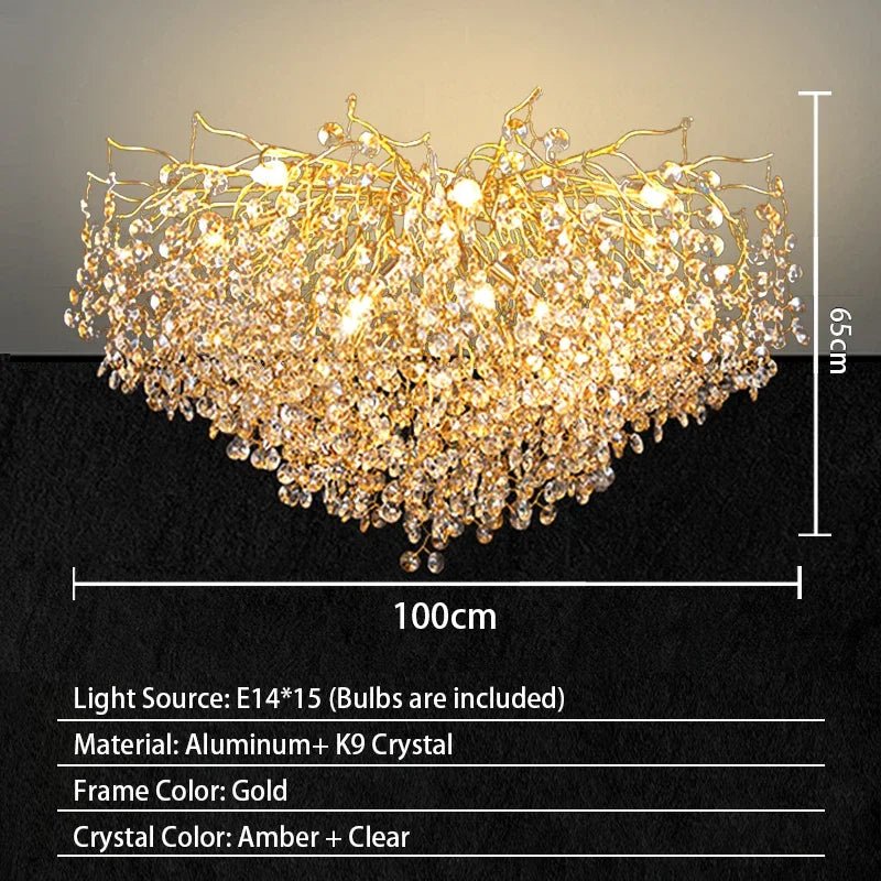 Luxussio | Modern Crystal Gold Chandelier with LED Lights - Lumos Glows Neutral light 4000k Ceiling 100cm Silver bracket