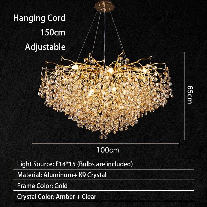 Luxussio | Modern Crystal Gold Chandelier with LED Lights - Lumos Glows Neutral light 4000kSilver bracket