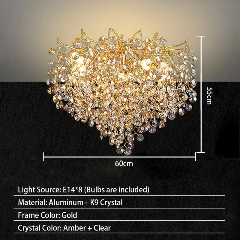 Luxussio | Modern Crystal Gold Chandelier with LED Lights - Lumos Glows Neutral light 4000k Ceiling 60cm Silver bracket