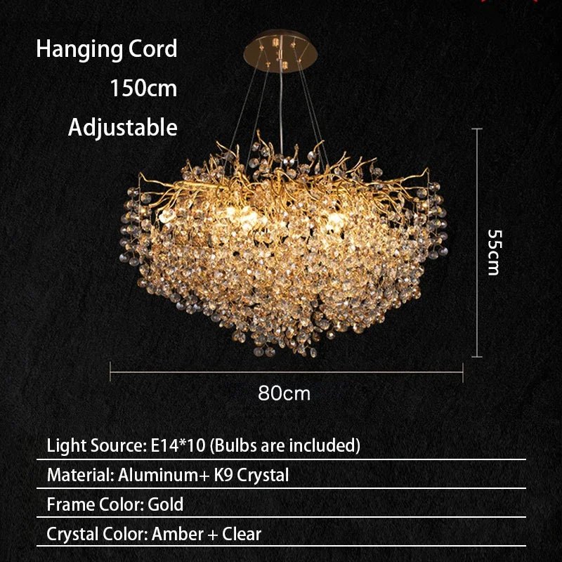 Luxussio | Modern Crystal Gold Chandelier with LED Lights - Lumos Glows Neutral light 4000k 1080cm Silver bracket