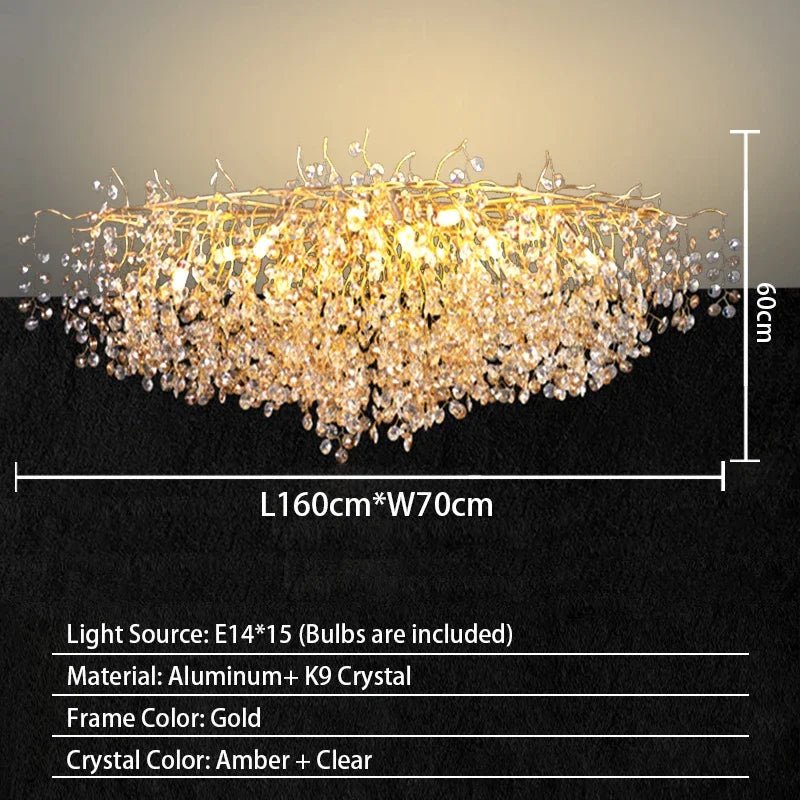 Luxussio | Modern Crystal Gold Chandelier with LED Lights - Lumos Glows Neutral light 4000k Ceiling Oval 160cm Silver bracket