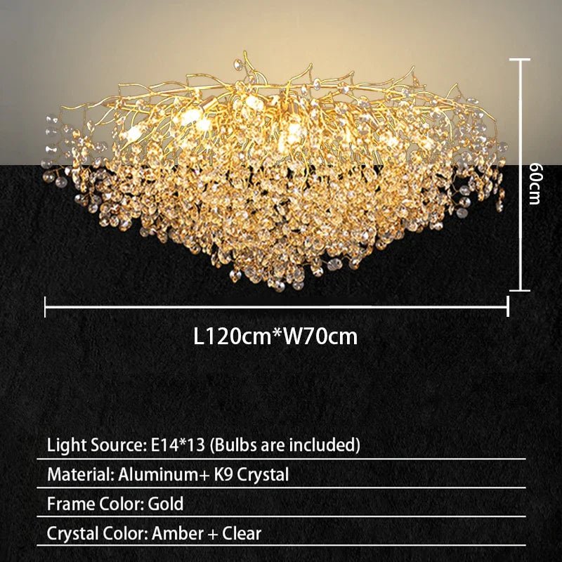 Luxussio | Modern Crystal Gold Chandelier with LED Lights - Lumos Glows Neutral light 4000k Ceiling Oval L120cm Silver bracket