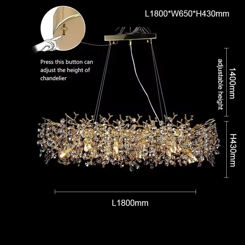 Luxussio | Modern Crystal Gold Chandelier with LED Lights - Lumos Glows Neutral light 4000k 180cm Silver bracket