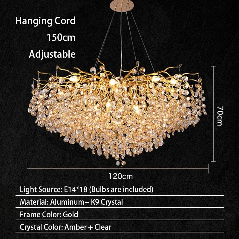 Luxussio | Modern Crystal Gold Chandelier with LED Lights - Lumos Glows Neutral light 4000k 120cm Silver bracket