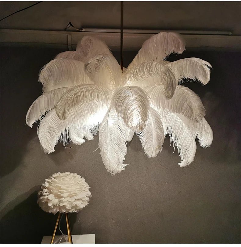 Nordic Ostrich Feather Pendant Lamp – Elegant & Ethereal Glow - Lumos Glows Warm light white  customized 100cm 34 feathers