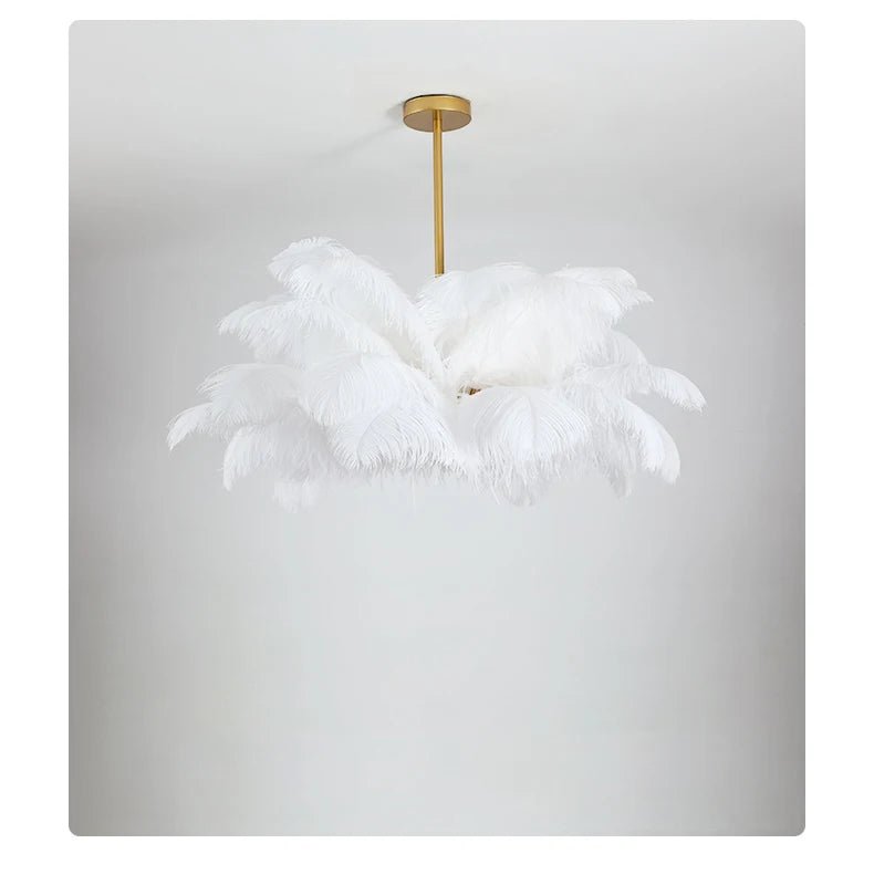 Nordic Ostrich Feather Pendant Lamp – Elegant & Ethereal Glow - Lumos Glows Warm light white  customized 100cm 34 feathers