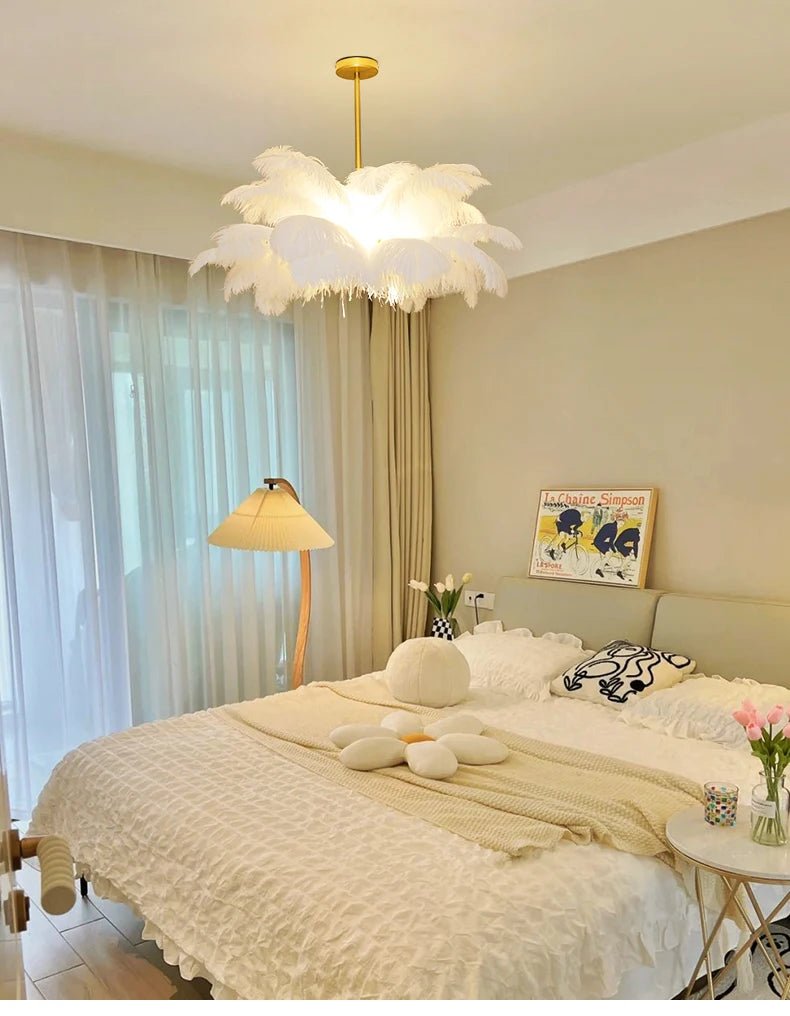 Nordic Ostrich Feather Pendant Lamp – Elegant & Ethereal Glow - Lumos Glows Warm light customized 100cm 34 feathers