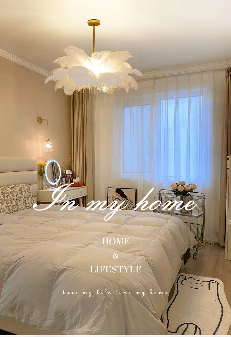 Nordic Ostrich Feather Pendant Lamp – Elegant & Ethereal Glow - Lumos Glows Warm light white Boom 100cm 34 feathers