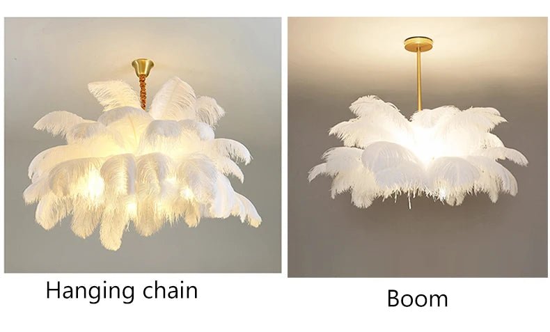 Nordic Ostrich Feather Pendant Lamp – Elegant & Ethereal Glow - Lumos Glows Warm light white  customized Boom cm 34 feathers