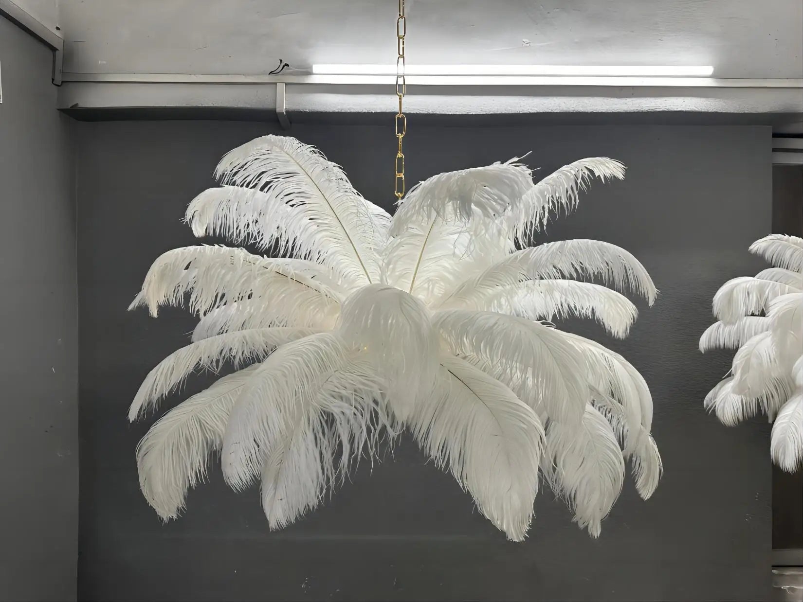Nordic Ostrich Feather Pendant Lamp – Elegant & Ethereal Glow - Lumos Glows Warm light white  customized 100cm 34 feathers
