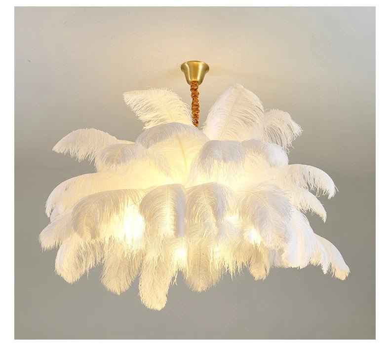 Nordic Ostrich Feather Pendant Lamp – Elegant & Ethereal Glow - Lumos Glows Warm white  customized Boom 100cm 34 feathers
