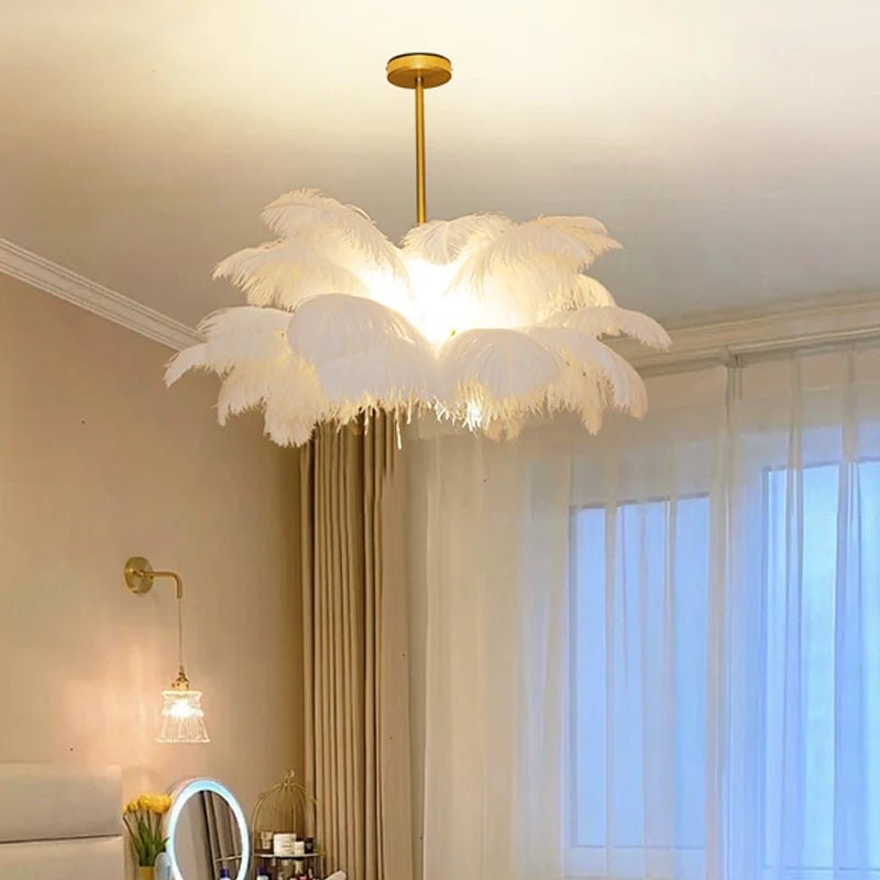 Nordic Ostrich Feather Pendant Lamp – Elegant & Ethereal Glow - Lumos Glows Warm light white  customized Boom 100cm