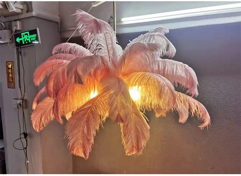 Nordic Ostrich Feather Pendant Lamp – Elegant & Ethereal Glow - Lumos GlowsWarm light white  customized 100cm 34 feathers