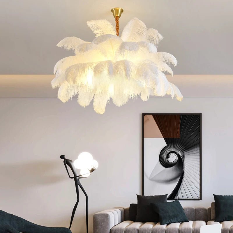 Nordic Ostrich Feather Pendant Lamp – Elegant & Ethereal Glow - Lumos Glows Warm light white  customized 100cm 34 feathers