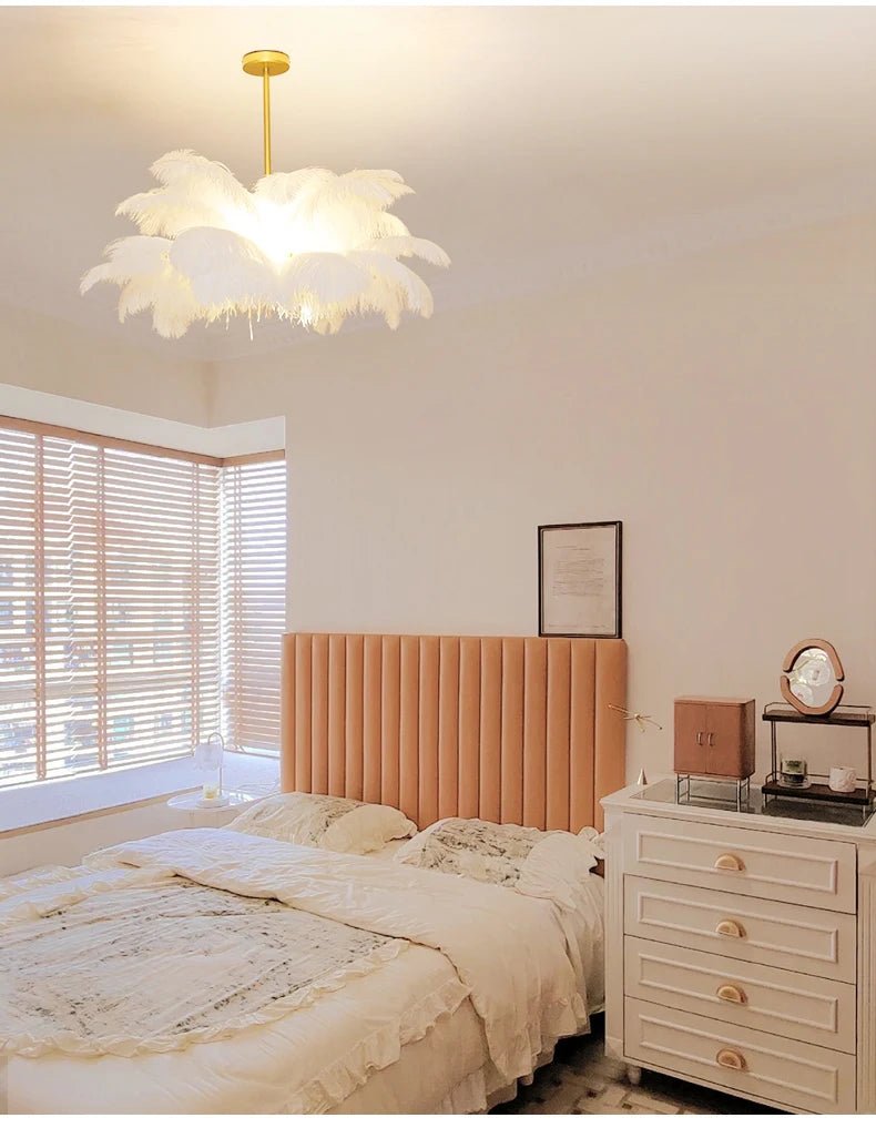 Nordic Ostrich Feather Pendant Lamp – Elegant & Ethereal Glow - Lumos Glows Warm light white  customized 100cm 34 feathers