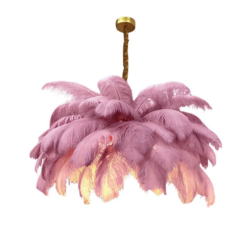 Nordic Ostrich Feather Pendant Lamp – Elegant & Ethereal Glow - Lumos Glows Warm light white  customized 100cm 34 feathers