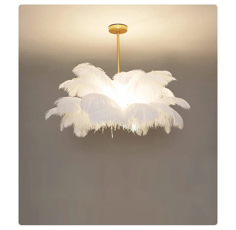 Nordic Ostrich Feather Pendant Lamp – Elegant & Ethereal Glow - Lumos Glows Warm light white  customized 100cm 34 feathers
