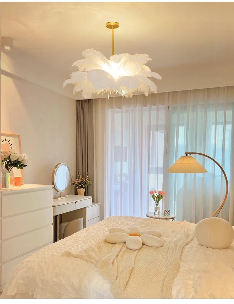 Nordic Ostrich Feather Pendant Lamp – Elegant & Ethereal Glow - Lumos Glows Warm light white  customized100cm 34 feathers