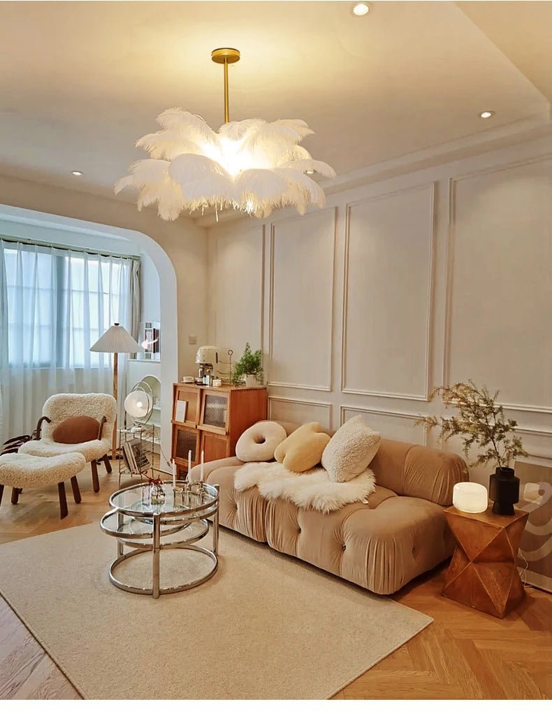 Nordic Ostrich Feather Pendant Lamp – Elegant & Ethereal Glow - Lumos Glows Warm light white  customized 100cm 34 feathers