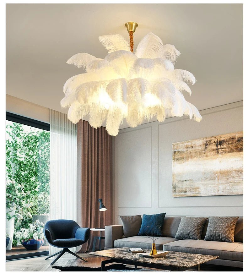 Nordic Ostrich Feather Pendant Lamp – Elegant & Ethereal Glow - Lumos Glows Warm light white  customized Boom100cm 34feathers