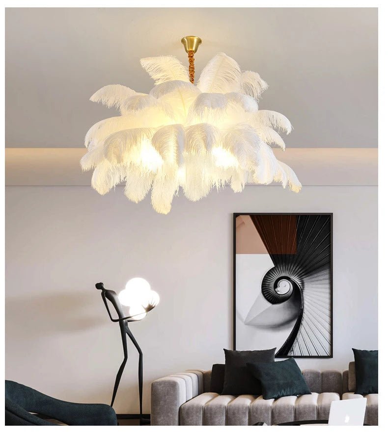 Nordic Ostrich Feather Pendant Lamp – Elegant & Ethereal Glow - Lumos Glows white  customized 100cm 34 feathers