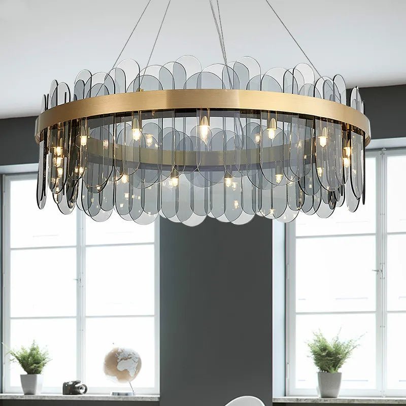 Patina Gold & Rounded Glass Ring Chandelier - Lumos Glows200000531:175D40cm 7 light